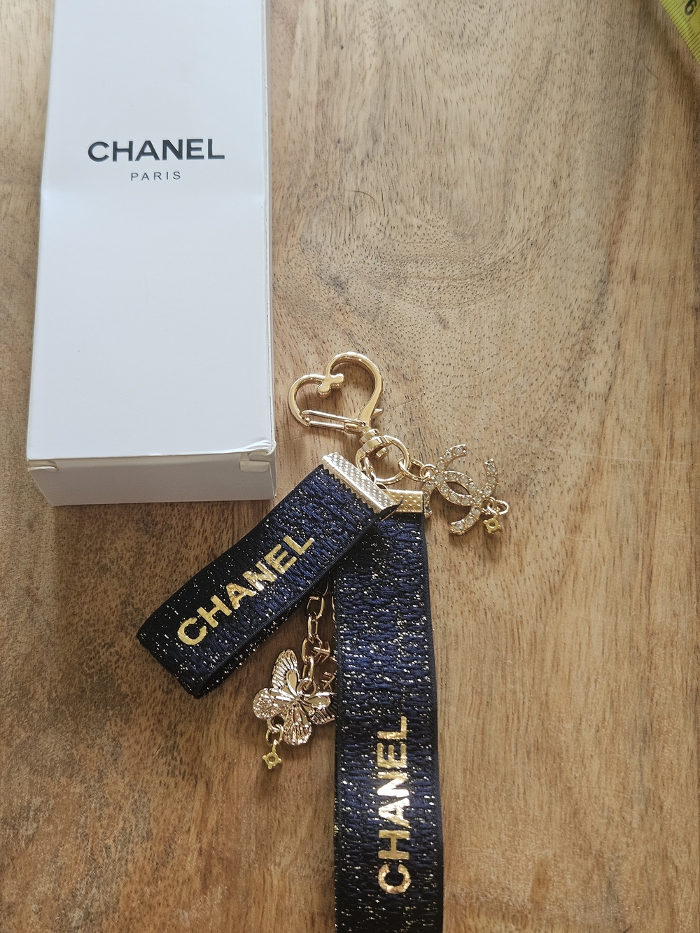 Chanel Navy Textured Ribbon Keychain Strap with Gold Hardware